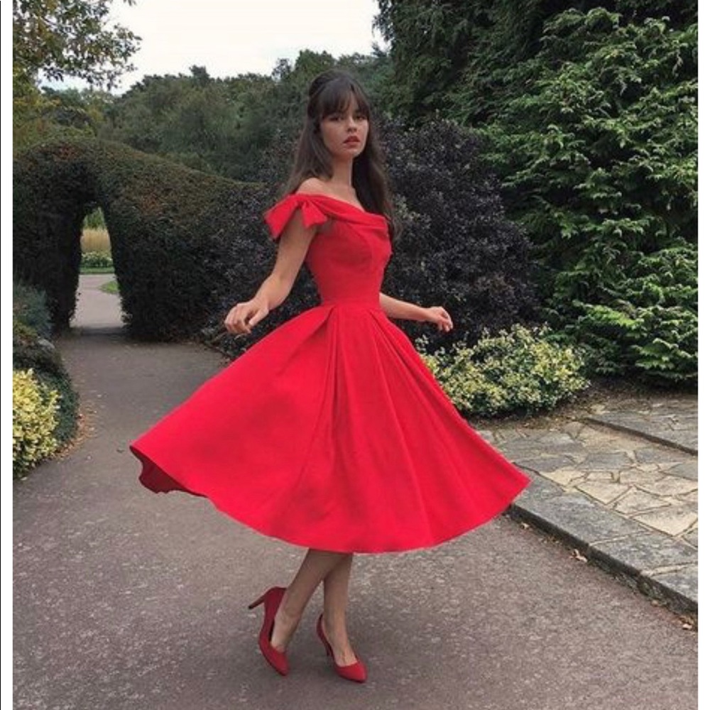 Off the shoulder zip back mid length dress